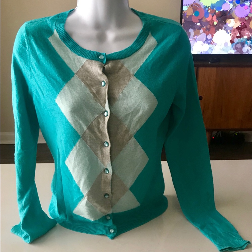 New York & Company Teal Argyle Sweater.